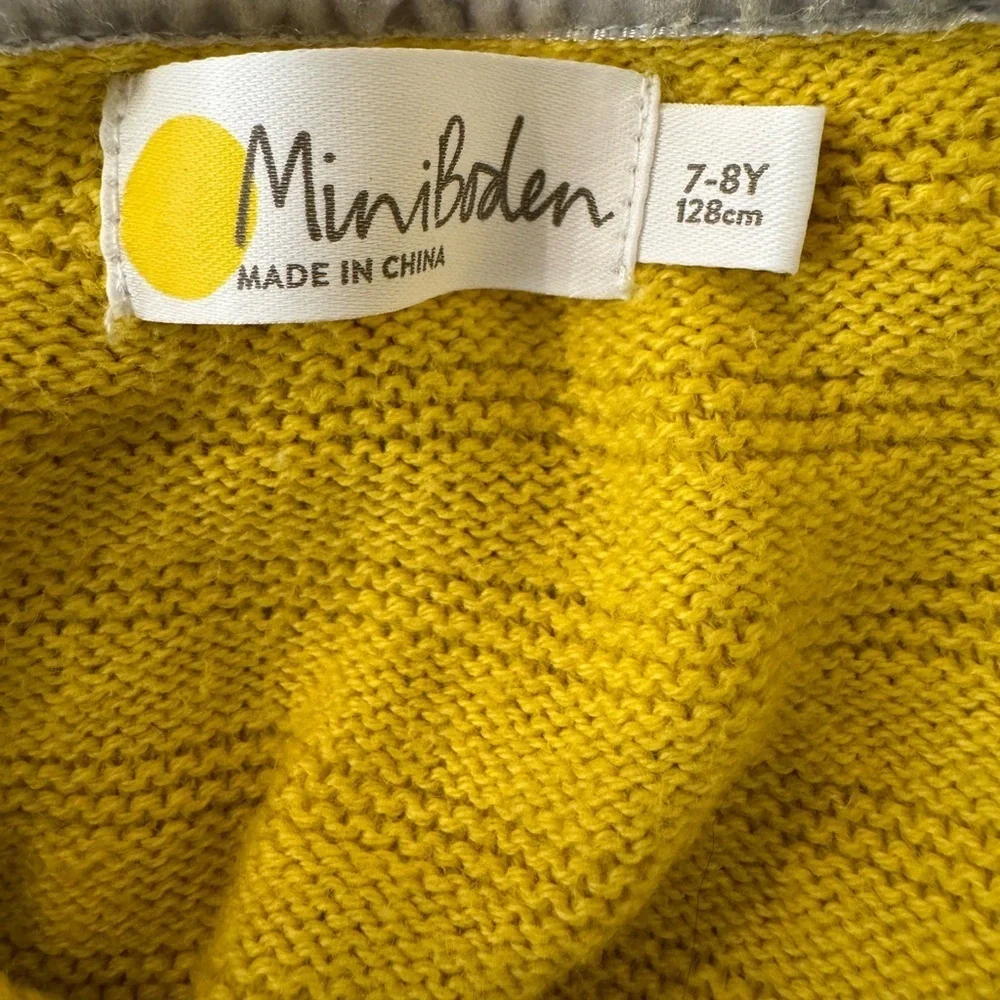 Mini Boden Girls Yellow Cashmere Blend Sweater with Gray Velvet Trim Size 7-8yr